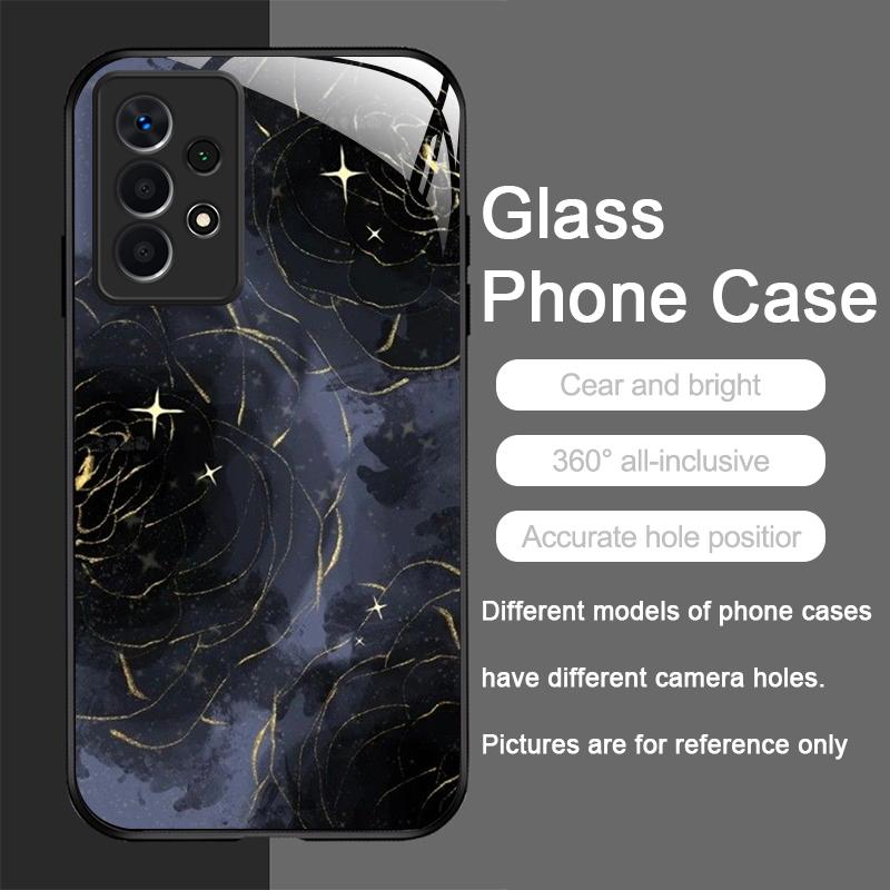 Luxury Black Rose Flower Graphic Tempered Glass Phone Case for Samsung Galaxy S25 Ultra S24 S23 Plus S22 S21 S20FE A56 A55 Cover