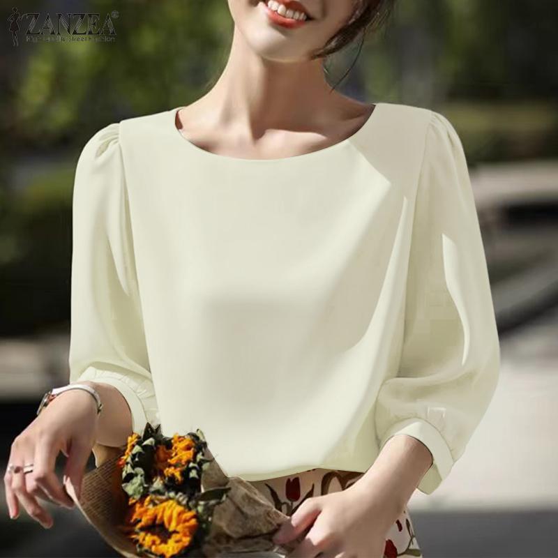 ZANZEA Women Casual Round Neck Summer 3/4 Sleeve Loose Blouse