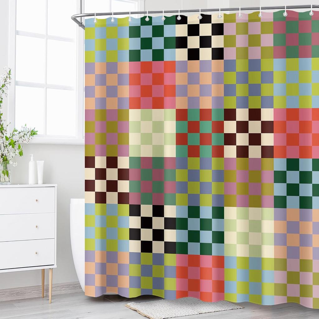 Colorful Geometric Patchwork Checkerboard Shower Curtain, Washable Waterproof Fabric Bathroom Partition Curtain with Hooks