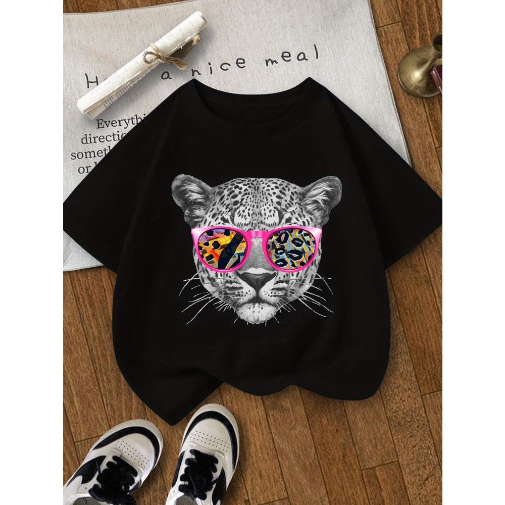Playful and cute print, colorful leopard face girls' T-shirt, crew neck short sleeves, summer casual top