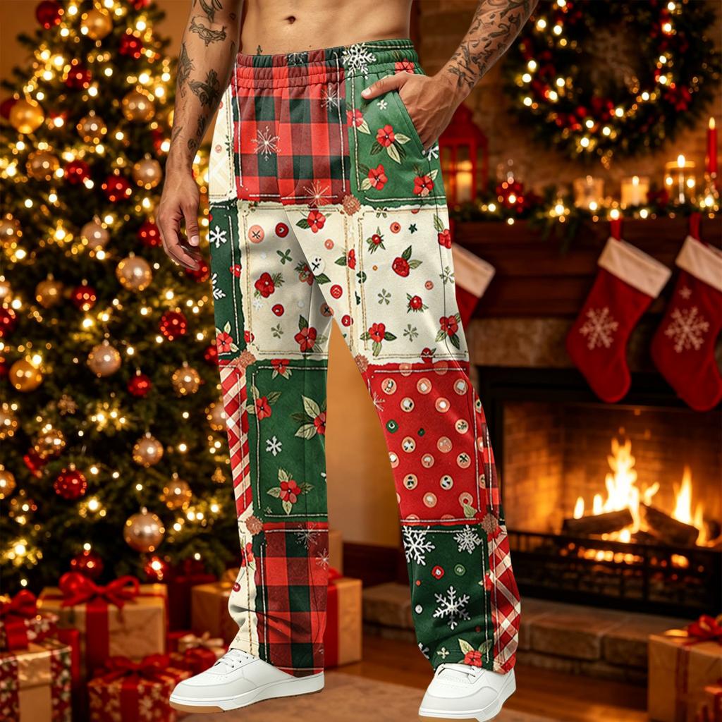 Men's Loose Fit Christmas Print Casual Pants with Pockets for Holiday Daily Wear