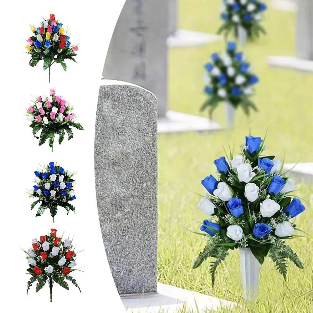 New 24 Heads Artificial Cemetery Flowers Faux Fake Silk Red Blue White Roses Bouquet Grave Decorations for Headstones