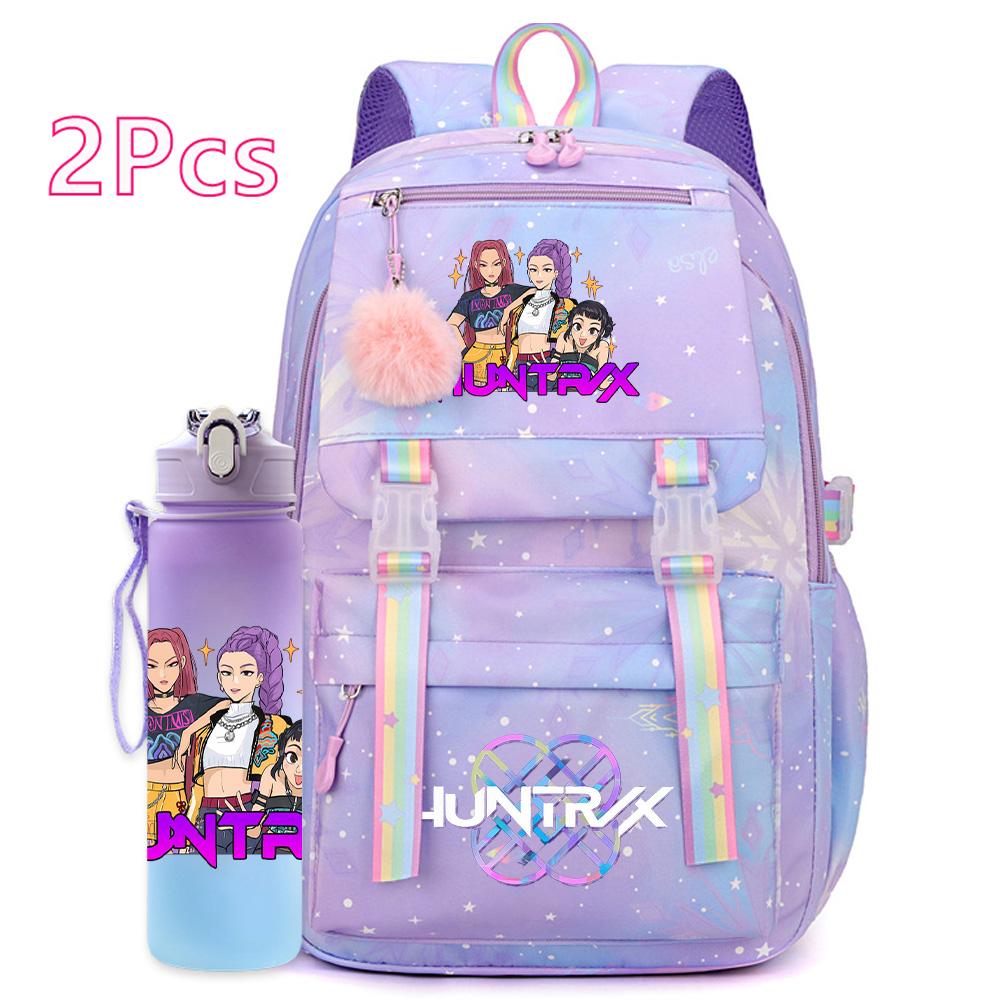 2Pcs/set Cute K-Pop Demon Hunters Printed Backpack with 750Ml Water Bottler for Teenager Student Girl Boy Large Capacity Waterproof Bookbag Travel Bag