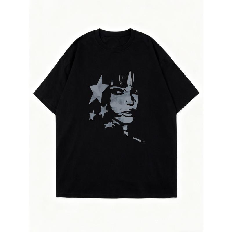 Oversized T Shirt Black Star And Face Print Graphic Tee For Casual Wear