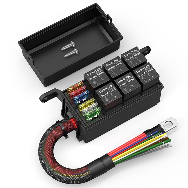 12V Fuse Relay Box 6 Way Relay Fuse Box Pre-Wired Waterproof Relays Box with 6 Relays and 12 ATC/ATO Fuses Relay Panel