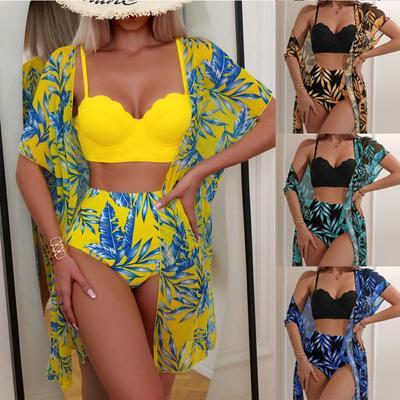 1 Conjunto de Fato de Banho Estampa Folha de Bordo Cintura Alta Jaqueta de Malha Biquíni Triângulo Modelador Conjunto Feminino
