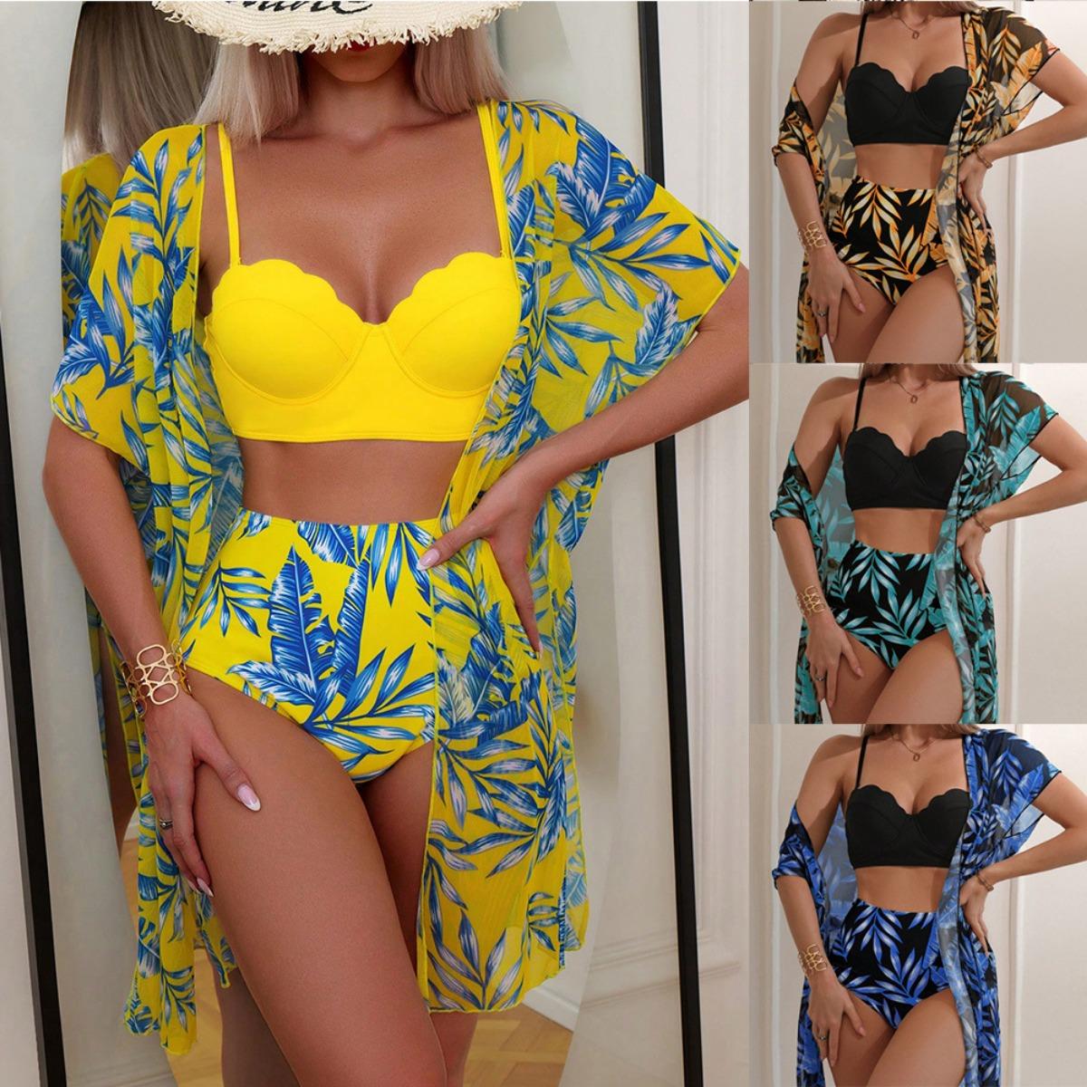 

1 Set of Swimsuit Maple Leaf Print High Waisted Mesh Jacket Triangle Slimming Bikini Swimsuit Women s Set S жовтий