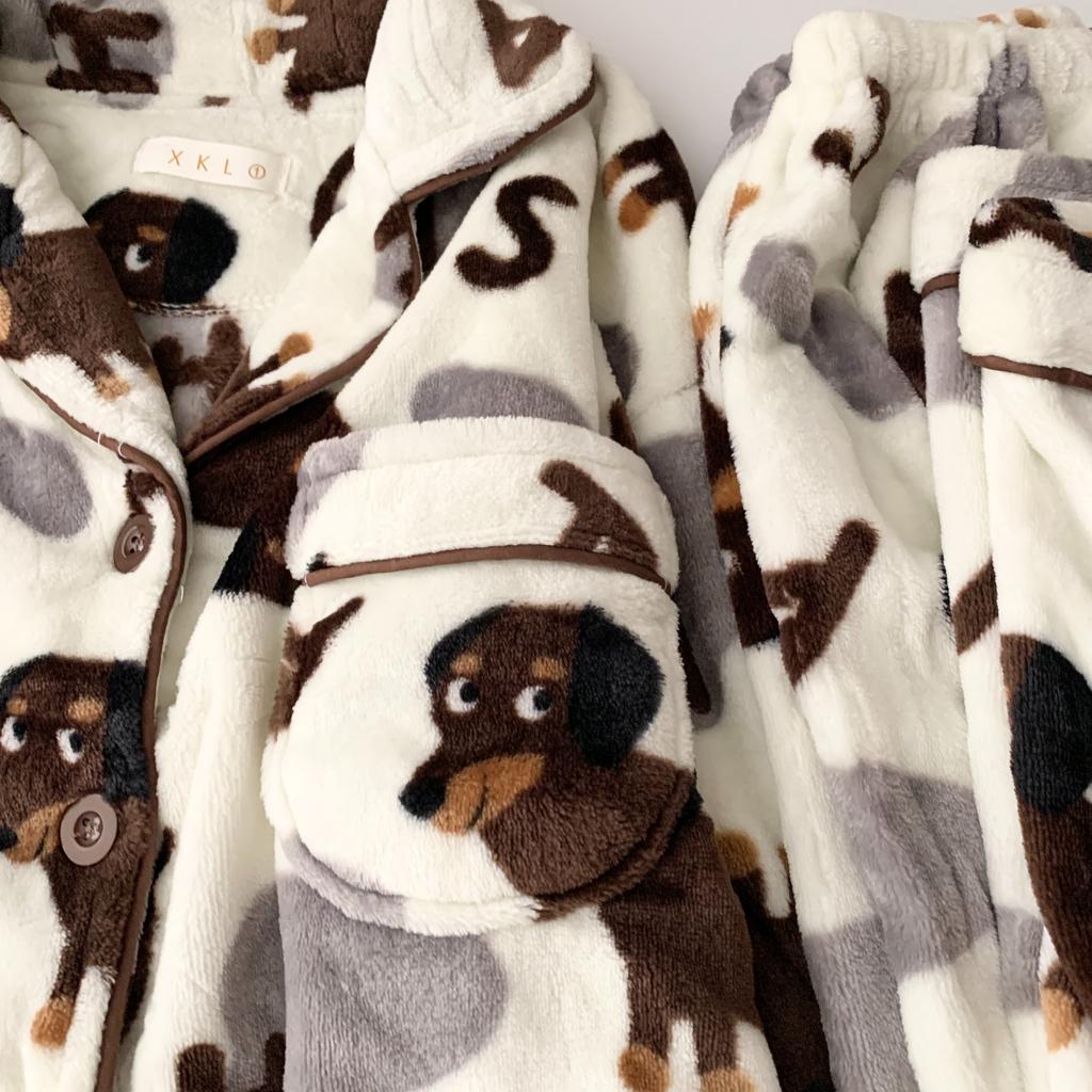 Fall Winter Women's Pajamas Cute Dachshund Print Fleece Thick Two Pieces Set Nightgown Lounge Long Sleeve Pants