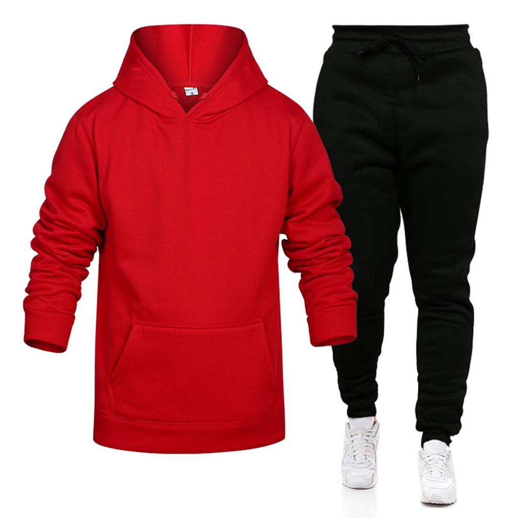 Men's Winter Solid Color Long-Sleeved Hooded Drawstring Sweatshirt And Sweatpants Suit