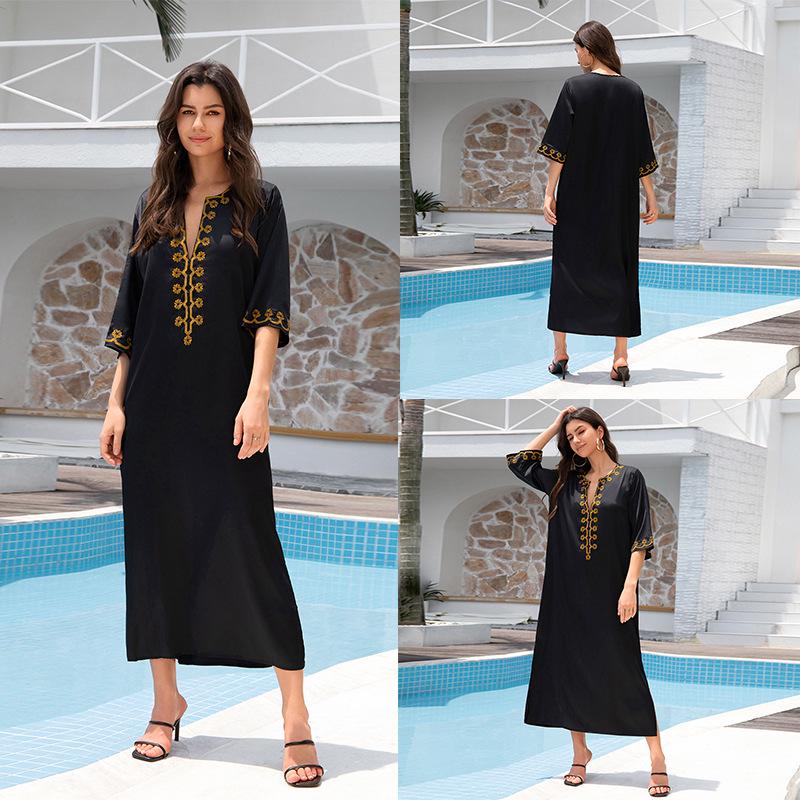 "European & American Embroidered Cotton Maxi Skirt: Women's Beach Sun Protection Robe"