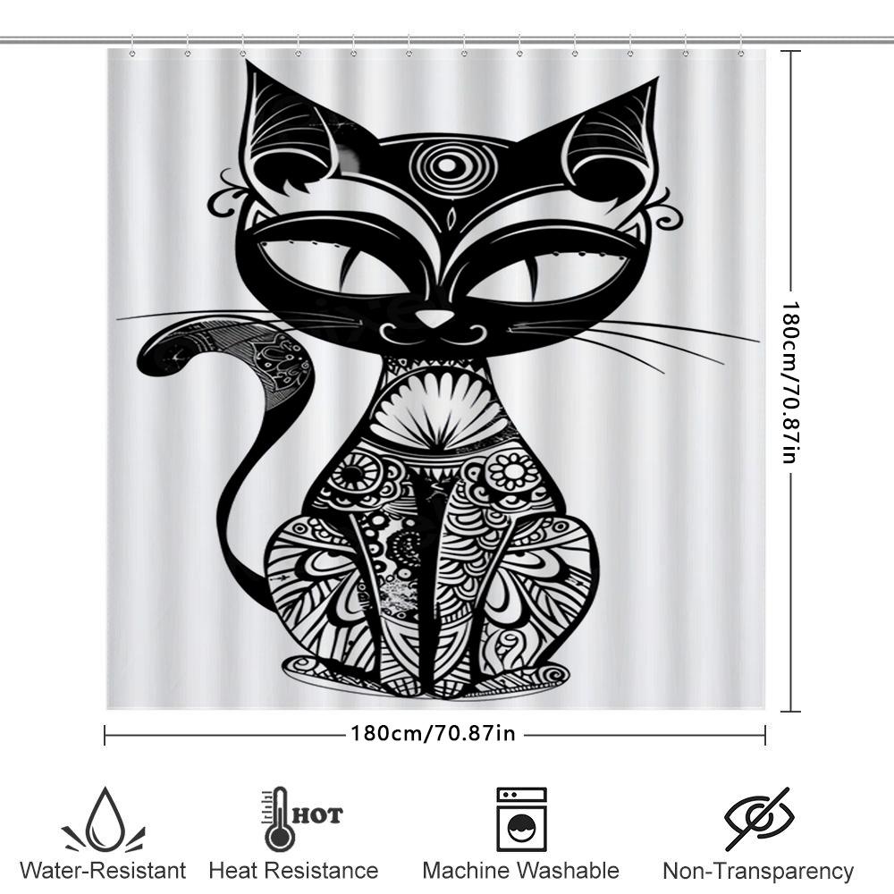 Black Cat Shower Curtain Artistic Black White Zentangle Bathroom Decor Unique Print Waterproof Shower Fabric