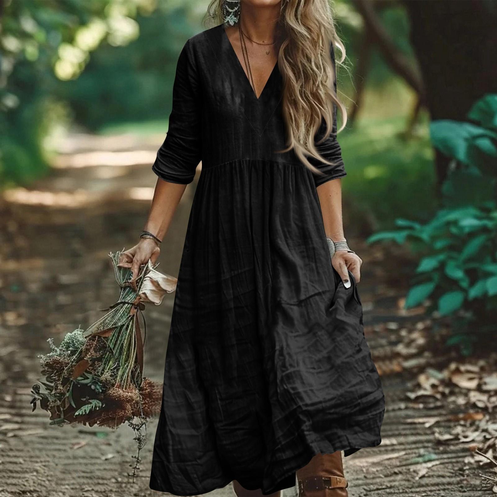 

Женское Модное Хлопково-Льняное Платье с V-образным Вырезом, Однотонное, с Длинным Рукавом, Свободного Кроя, с Карманом M чёрный