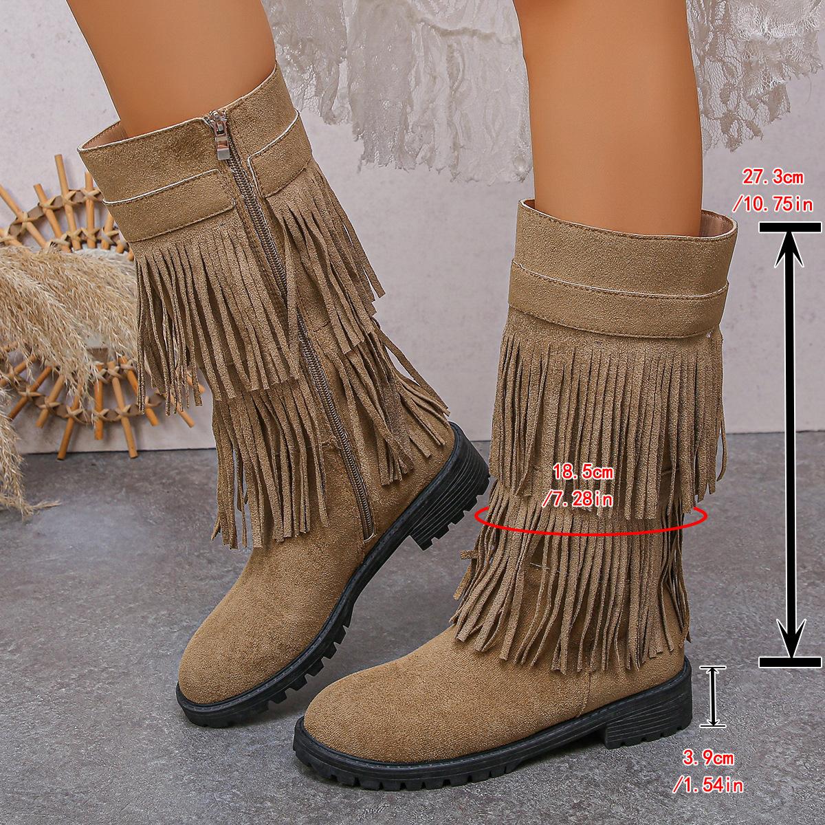 

European and American fashion medium tube fashion boots women s foreign trade large size retro thick heel side zipper fringed knight women s boots 43 хаки