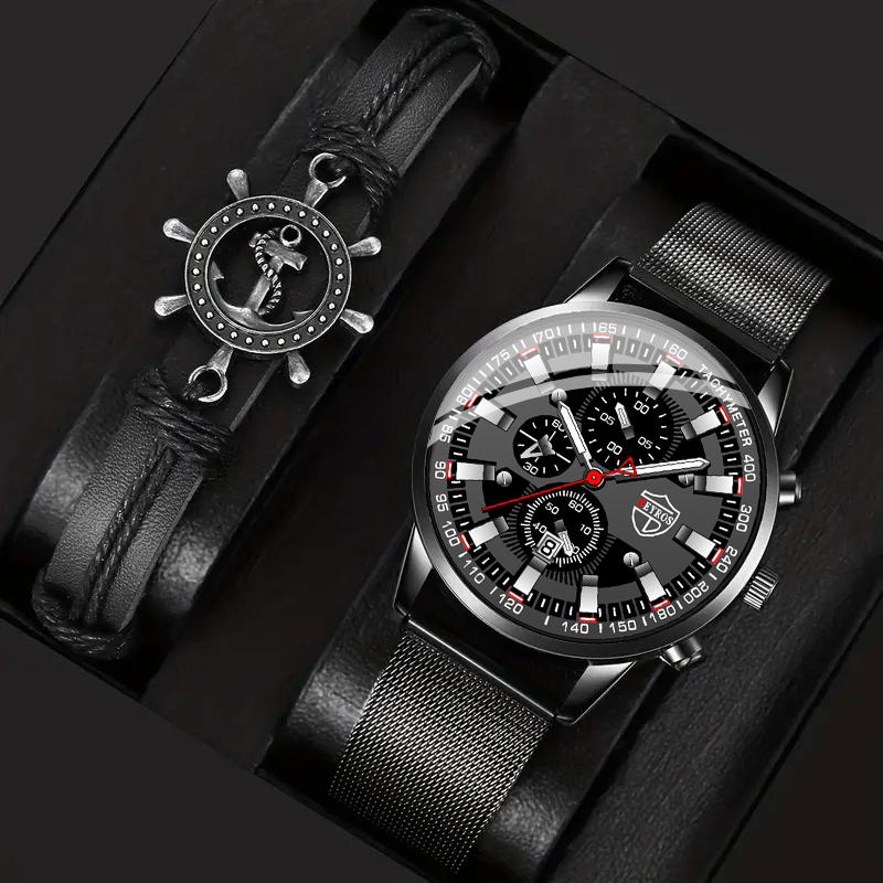 

2 шт./комплект 1 шт. Модные мужские спортивные кварцевые часы с сетчатым ремешком из нержавеющей стали и 1 шт. Мужской браслет, лучшие подарки для него
