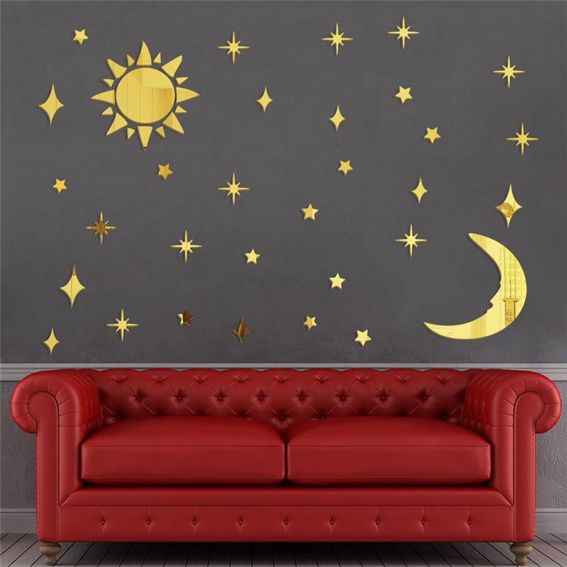 3D Sun Moon Stars Mirror Wall Sticker for Living Room