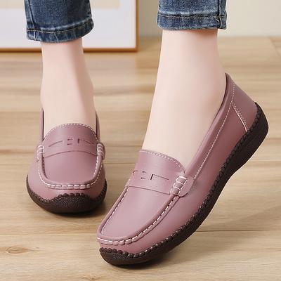 Women Simple Grey Loafers Leather Driving Moccasins Comfort Flats Casual Slip On Plus Size Black Shoes