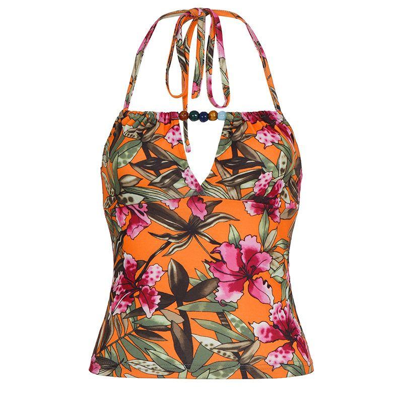 Vintage Retro Lace Hollow-Out Beaded Halter Print Camisole Bohemian Vacation Sexy Backless Tank Top Color S