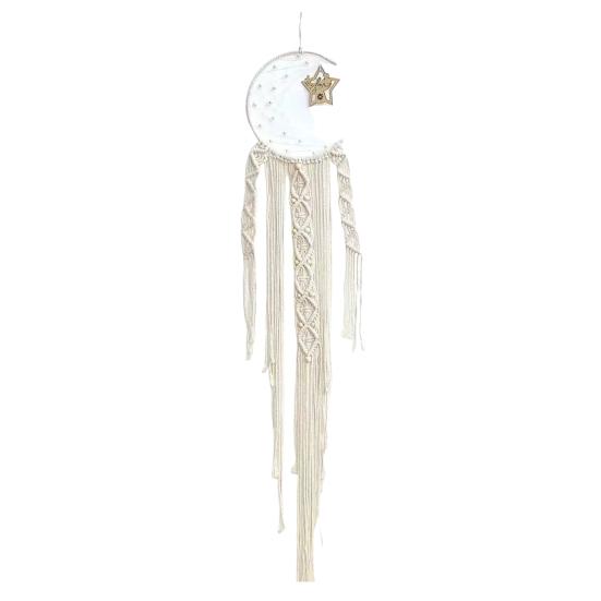 Woven Wall Hanging Wall Decoration with Long Tassel- White Cotton Handmade Home Decor Art Craft for Bedroom Dorm Garden
