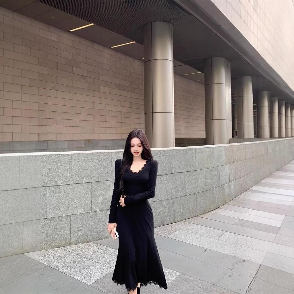Pure Desire Lace Patchwork Long Sleeve Dress: 2026 Spring/Autumn Trendy Slim Fit Skirt Style