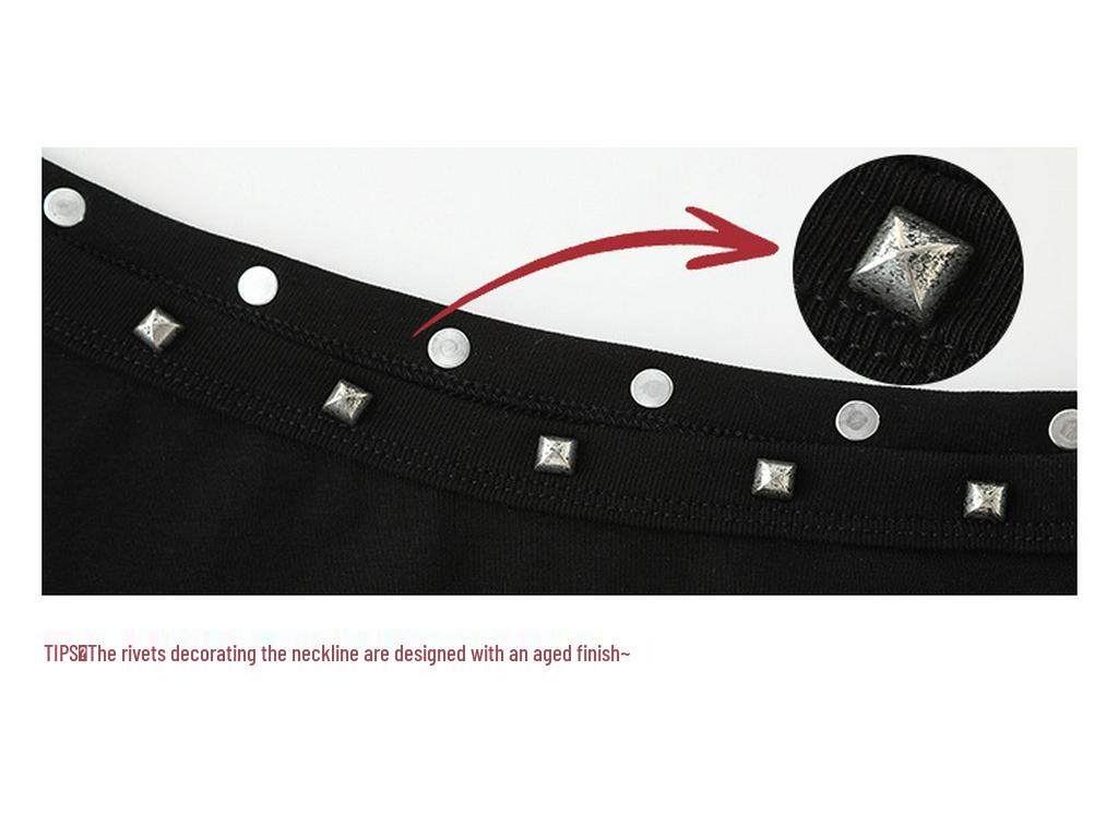 Women's Black Asymmetric Off-Shoulder T-Shirt with Rhinestones, Summer 2025 Collection - Chic and Unique Style