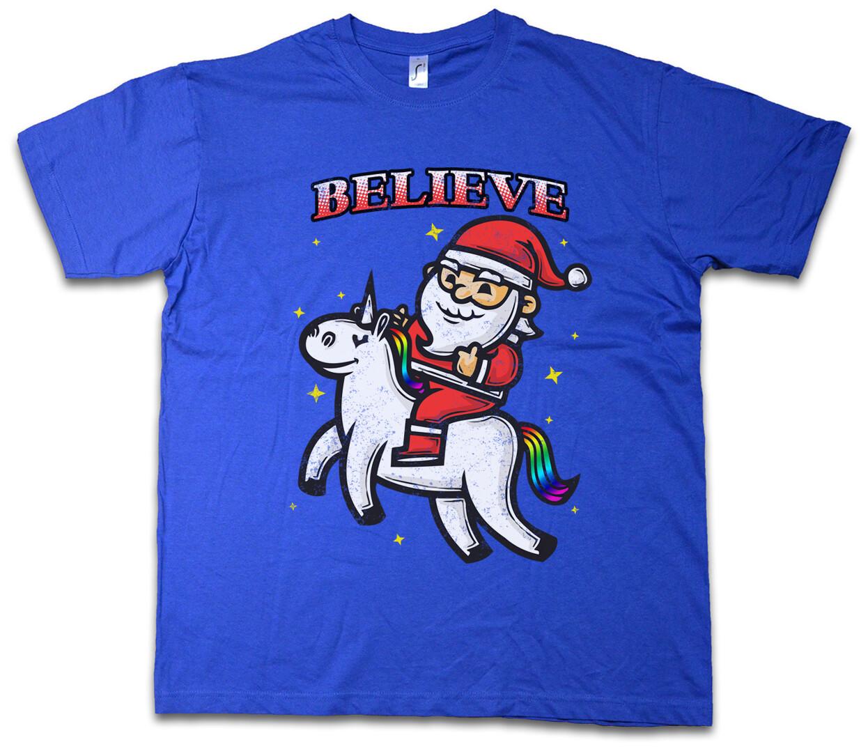 

BELIEVE UNICORN SANTA T-Shirt Mens Womens Tees Top Rainbow Fun Fairies Princess Fairytale Clause 4XL