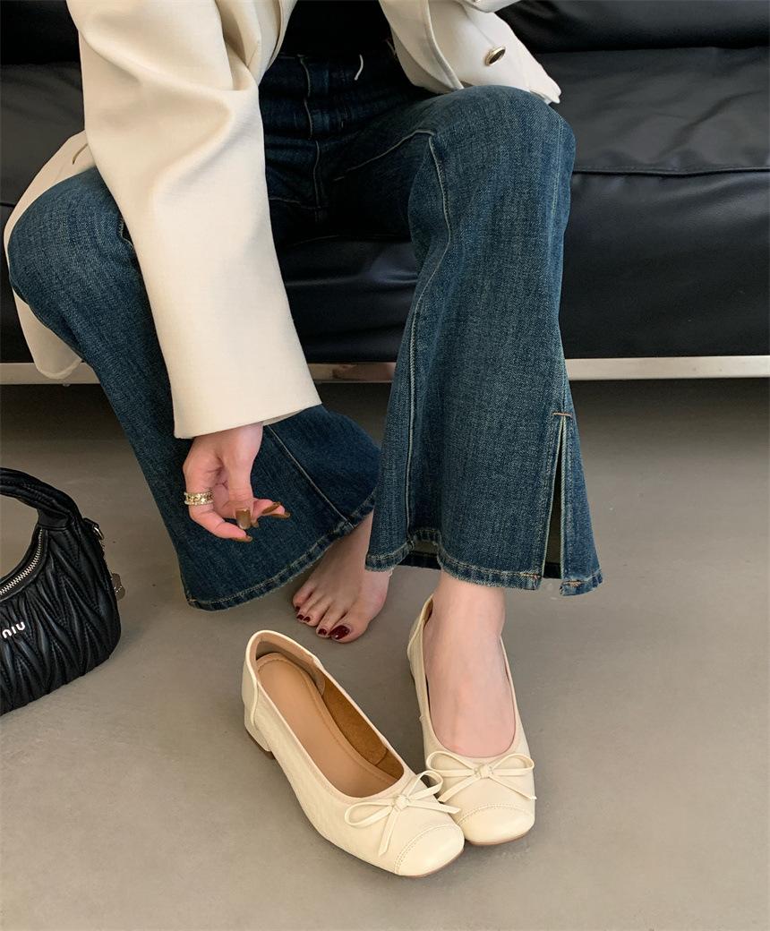 

2025 spring and summer leather light mouth single shoes women s soft bow middle heel thick heel commuter shoes comfortable grandma shoes 39 абрикосовый