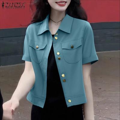 Women Turn Down Collar Casual Short Sleeve Blouse