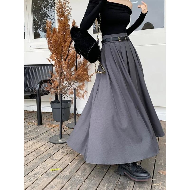 Women High Waist Jupe Korean Pleating Swing Skirt Vintage Fashion Spring Office Falda Holiday Loose Solid Long Skirt
