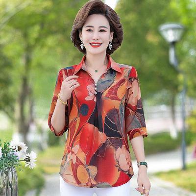 Camisa larga plus size para senhoras de meia-idade e idosas, estampada, casual, gola alta