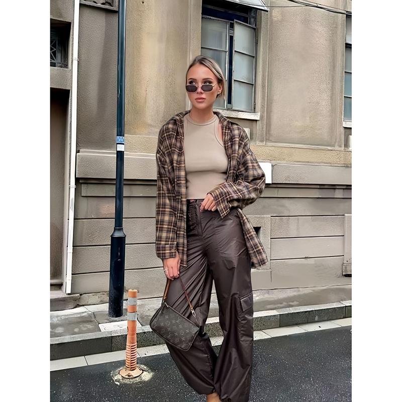 Podzimní Ležérní Kostkovaná Košile Žena Volná Zimní Klopa Knoflíky Dámský Kabát Dlouhý Rukáv Pohodlné Vintage Khaki Topy Dámské Streetwear