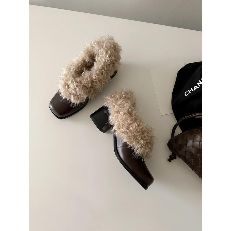Cowhide Square Head Fluffy Shoes Women's One-pedal Retro Loafers with Fleece Warm Small Leather Shoes Cotton Shoes Thick Heels Single Shoes