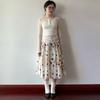 Soft Romantic Floral White Midi Skirt for Women - Summer Elastic Waist Sweet Casual High-Waist A-Line Skirt