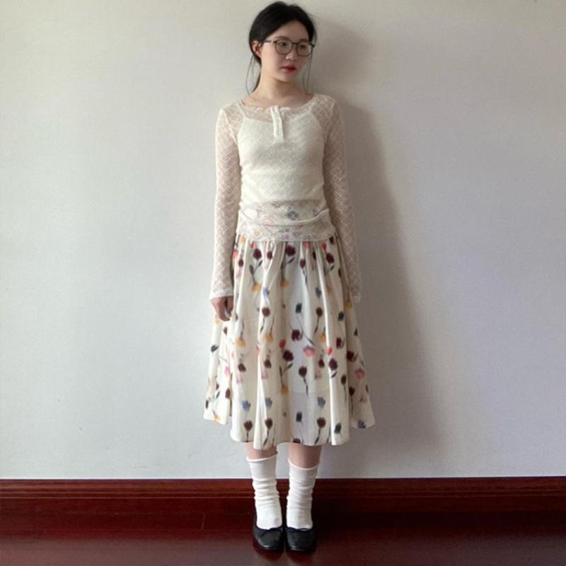 Soft Romantic Floral White Midi Skirt for Women - Summer Elastic Waist Sweet Casual High-Waist A-Line Skirt