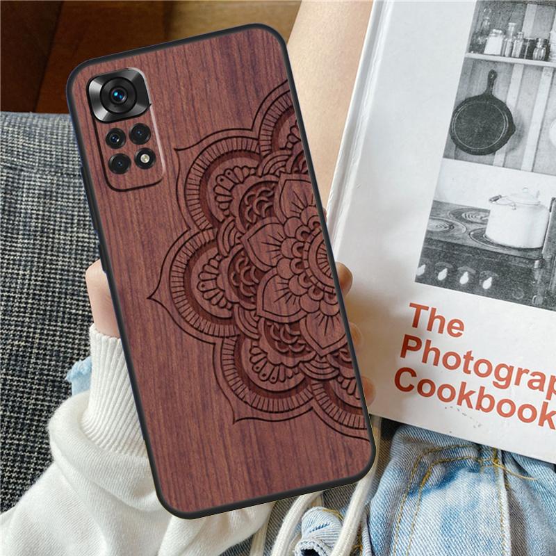 Mandala Floral Wood Phone Case For Xiaomi Redmi Note 12 12S 12C 13C 10 10C 10A 9 9C 10S 11S 11 Pro Soft Cover