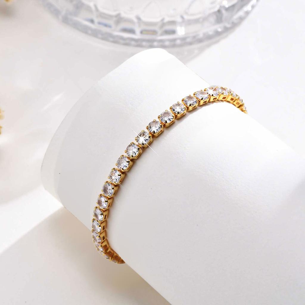 Gold Plated Cubic Zirconia Tennis Bracelet for Women, 4mm CZ Stone Wedding Party Jewelry Hypoallergenic