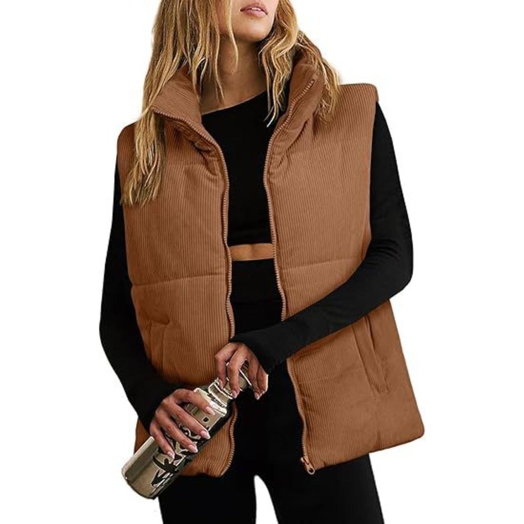 2026 Fall Winter Women's Fashion Casual Corduroy Placket Zip Up Padded Cotton Vest Sleeveless Jacket
