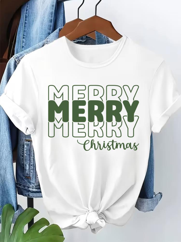 (Asian Size) letter style  Short Sleeve T-shirts  Merry Christmas Women's Top O-neck T Shirt Print  Fashion Casual New Year Clothing Graphic Tee
