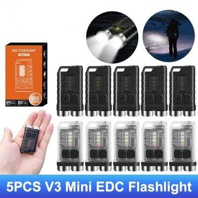 5PCS Mini EDC Flashlight Keychain Torch 900LM Dual LED Strong Light Type-C Charging IP65 Waterproof w/Magnet Lantern UV Light