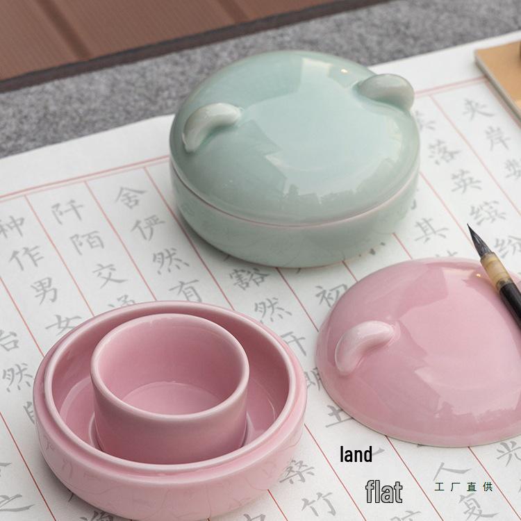 Ceramic Inkstone Moisturizing Inkwell with Lid for Calligraphy - Non-Drying Ink Dish & Brush Rest
