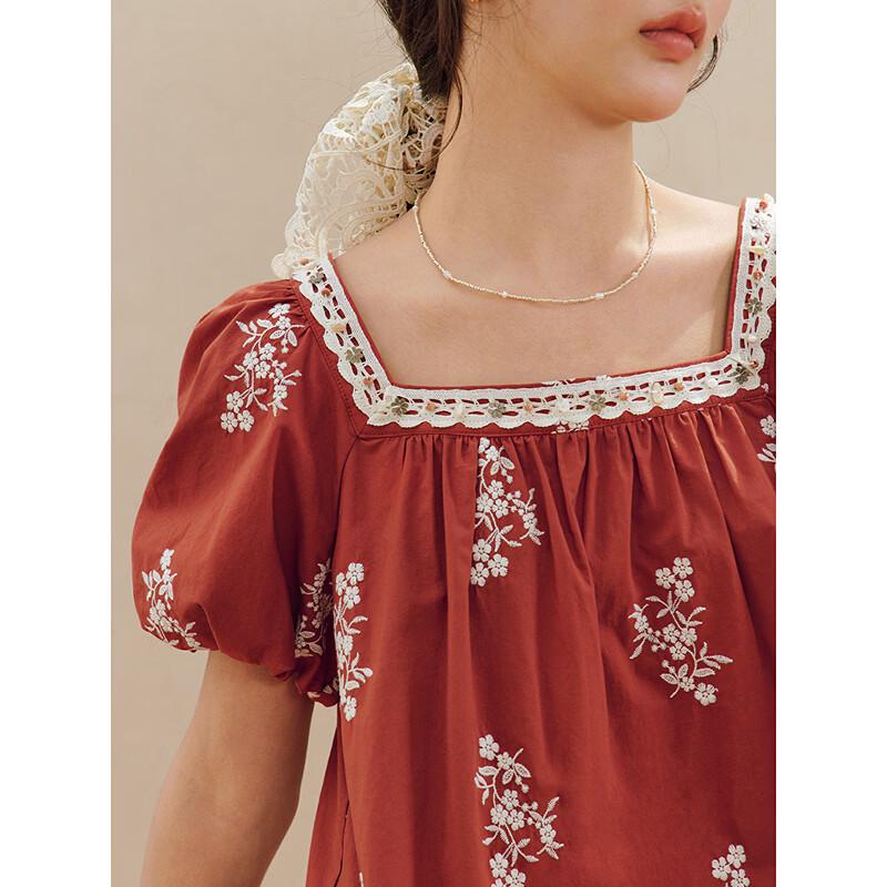 INMAN Women's 100% Xinjiang Cotton Boho Embroidered Puff Sleeve Shirt