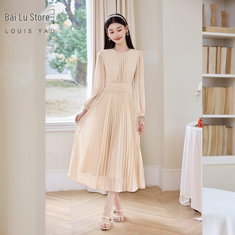 Bailuyu French Elegant Solid Pleated Round Neck Puff Long Sleeve Long Dress S