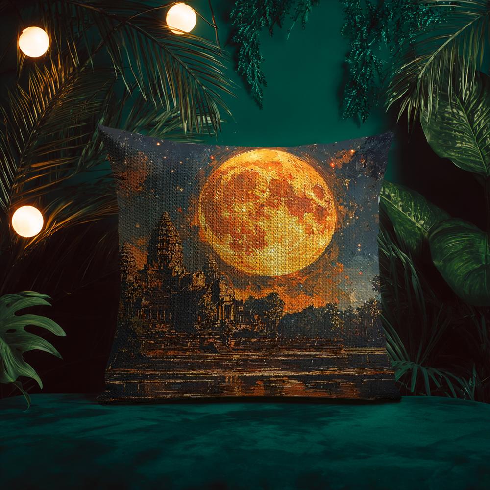 Oil Painting Artwork Angkor WatW Cushion Cover Silky elegant Comfort Sofa Bed Invisible zipper Beach pillowcase