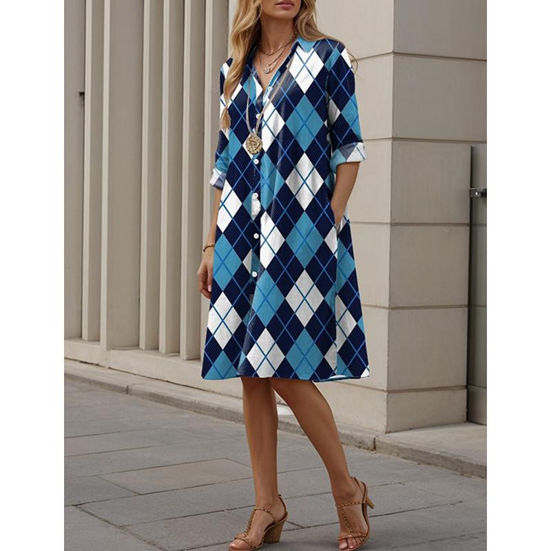 

Женское платье с V-образным вырезом, короткими рукавами и принтом с геометрическим узором, боковыми карманами и застежкой на пуговицы спереди, в нескольких вариантах расцветки 5XL