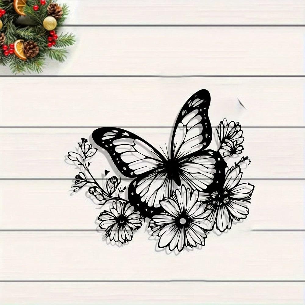 Modern Butterfly & Flower Metal Wall Art, Weather-Resistant Garden Decor, Elegant Holiday Gift