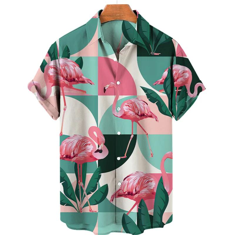Tropical Jungle Flamingo 3d Print Hawaiian Shirt for Men Summer Street Short Sleeves Tops Harajuku Lapel Button Loose Blouse