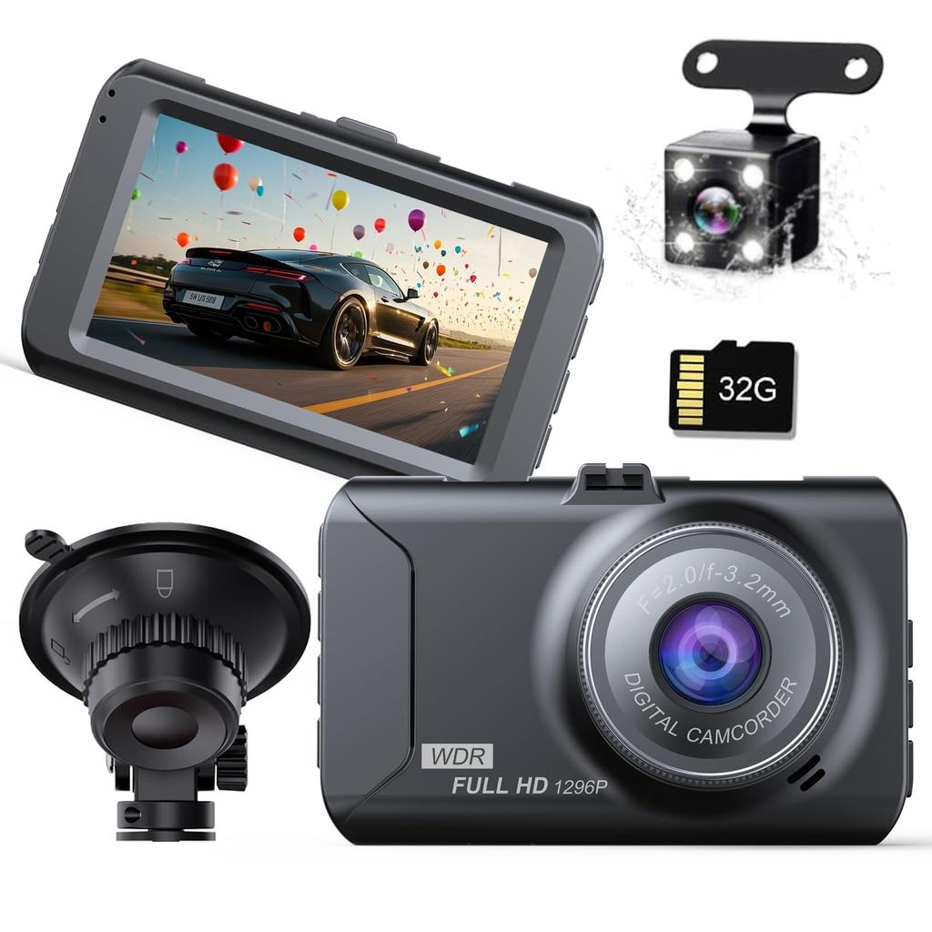 2025 Model Year Compact Dash Cam with Front and Rear Dual 1296P LCD 32GB Card Included Cameras, Resolution, 3-inch Screen, (DR)