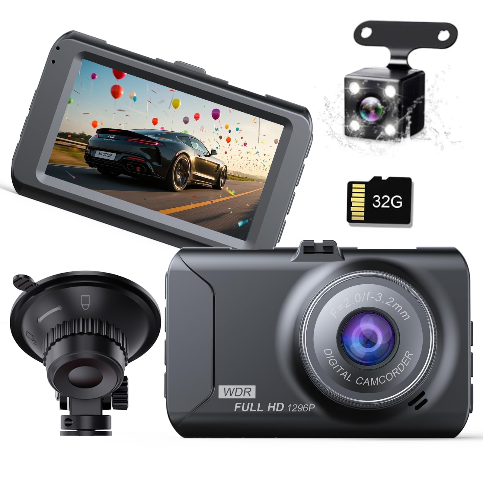 

Dash Cam 2025 Compact Dash Cam with 2 Front and Rear Cameras, 1296P with