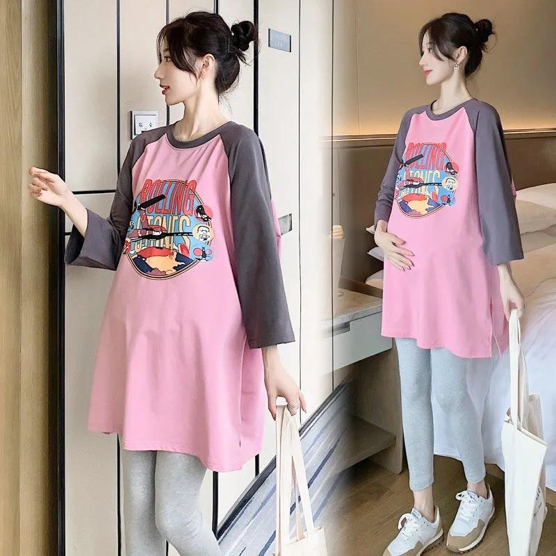 

Одежда для беременных весна и осень рукава три четверти двухцветная для мамы большого размера прикрывает живот не показывает универсальный трендовый топ 3XL recommends 165-92.5 kg