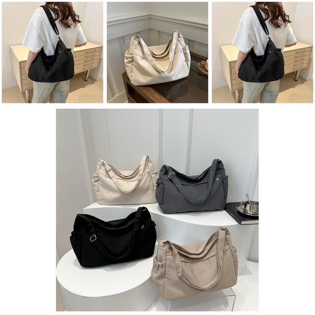 Trendy Urban Simple Large Tote Bag For Women Spacious Nylon Bucket Bag In Black White Grey Khaki