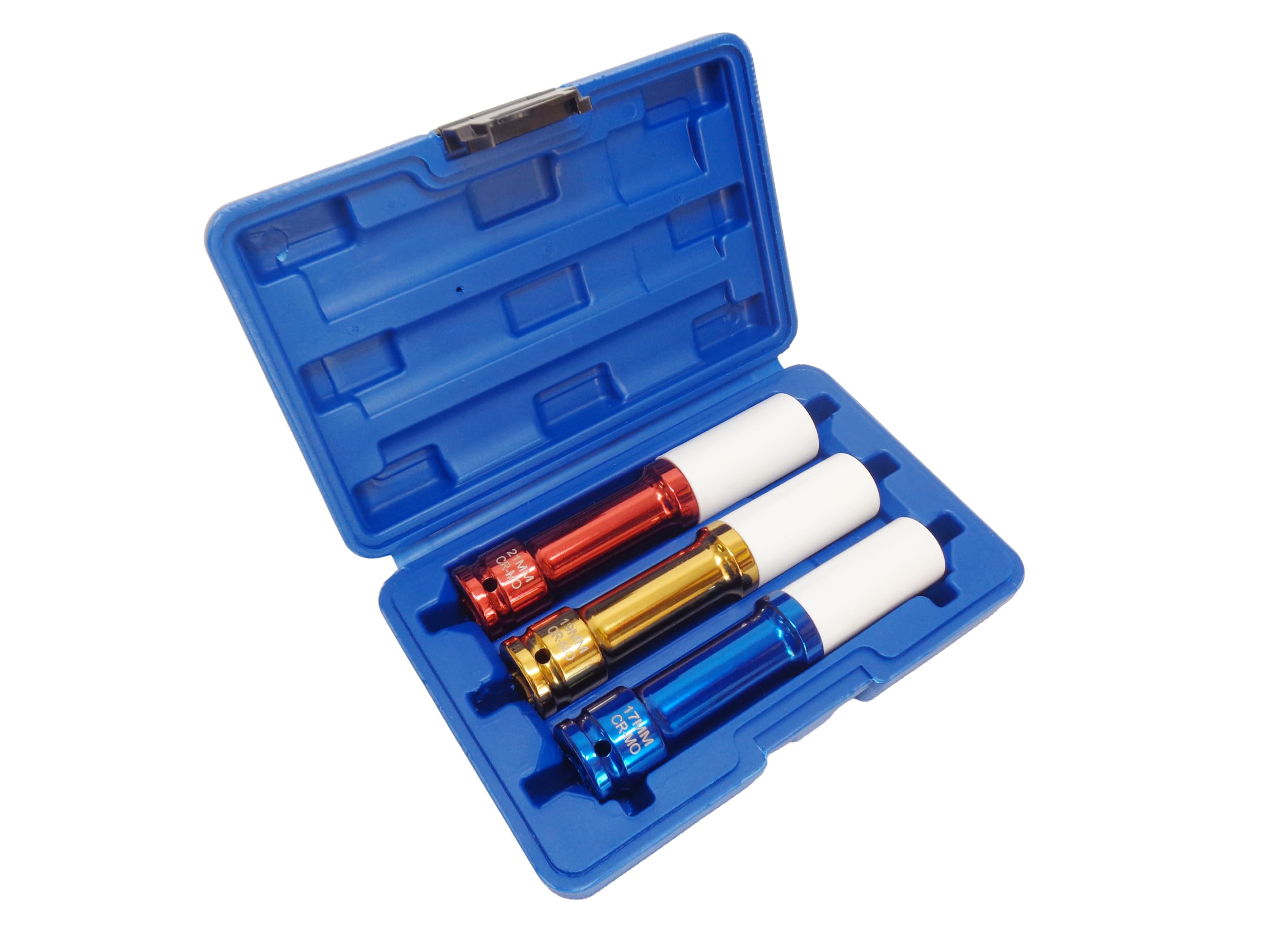 

Thin-walled, long socket set for aluminum wheels with deep rims, compatible with 17mm, 19mm, and 21mm sockets, 1/2 drive, and protectors